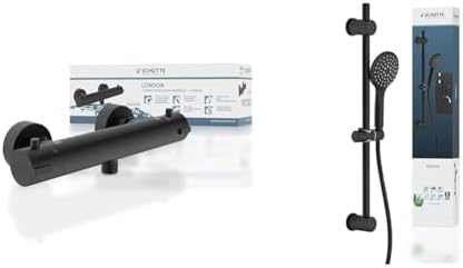 SCHÜTTE 52466 LONDON Thermostat-Duscharmatur mit Verbrühschutz und 64916 Raven Duschstange – Komfortable Duschlösung für