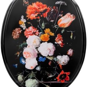 WOLTU Toilettendeckel Holz mit Absenkautomatik, Blumen Motiv, O-Form – Einfach zu reinigender Klodeckel für stilvolles B