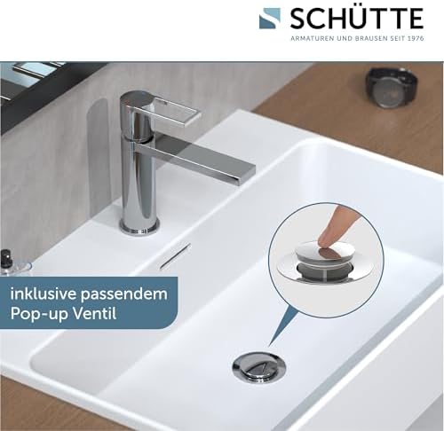 SCHÜTTE Waschtischarmatur MANHATTAN 33010 – Eleganter Wasserhahn für das Badezimmer mit Pop Up Abflussstopfen, Chromober