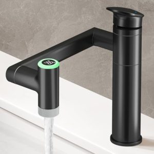 JONKEAN Bad Wasserhahn mit Temperaturanzeige – Höhenverstellbar & 1080° drehbar für modernes Badezimmer (Mattschwarz)