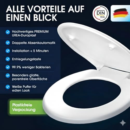 Premium WC Sitz mit Absenkautomatik – Antibakterielle Soft-Close Klobrille für einfaches Reinigen und Montage, Oval in W
