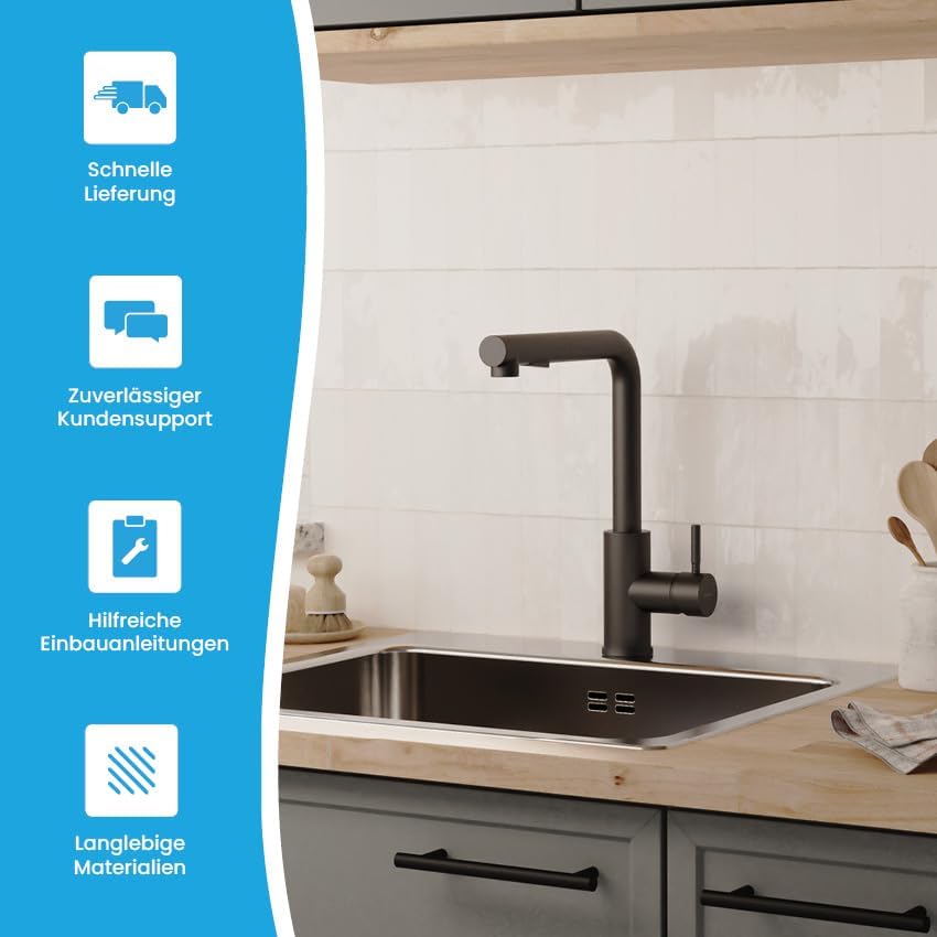 Bächlein Varvaro Küchenarmatur – 360° schwenkbar, matt schwarz, Edelstahl, ideal für moderne Küchen