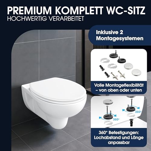 Premium WC Sitz mit Absenkautomatik – Antibakterielle Soft-Close Klobrille für einfaches Reinigen und Montage, Oval in W