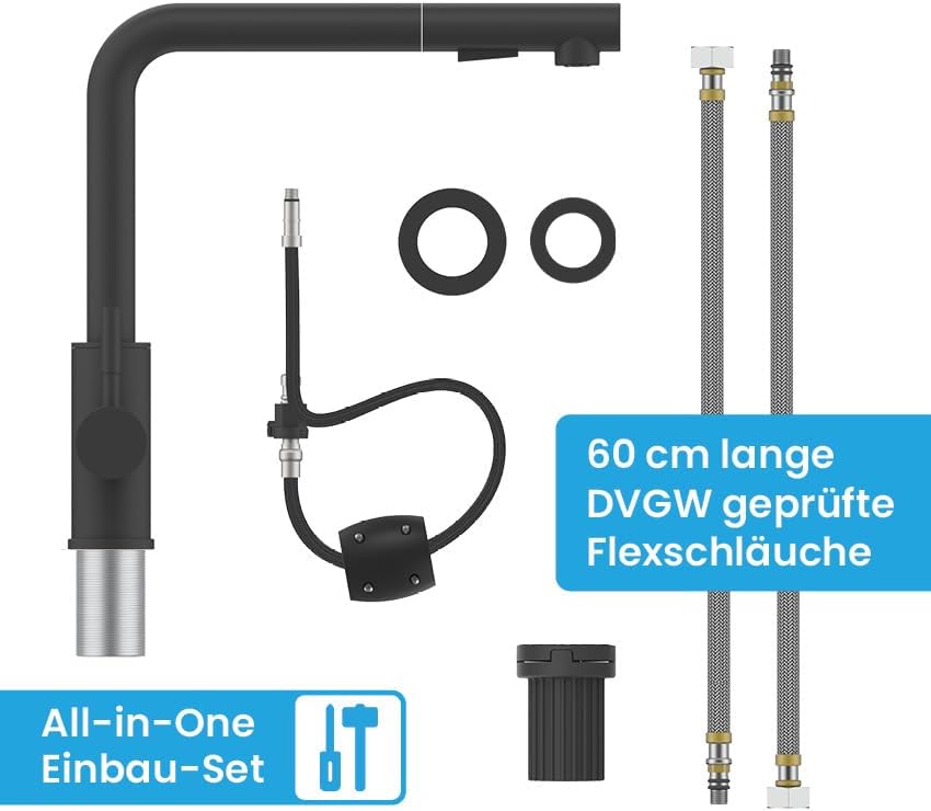 Bächlein Varvaro Küchenarmatur – 360° schwenkbar, matt schwarz, Edelstahl, ideal für moderne Küchen