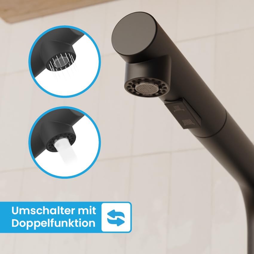 Bächlein Varvaro Küchenarmatur – 360° schwenkbar, matt schwarz, Edelstahl, ideal für moderne Küchen