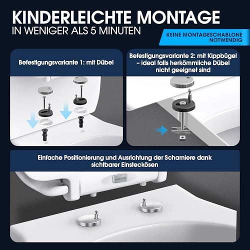 Premium WC Sitz mit Absenkautomatik – Antibakterielle Soft-Close Klobrille für einfaches Reinigen und Montage, Oval in W