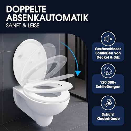 Premium WC Sitz mit Absenkautomatik – Antibakterielle Soft-Close Klobrille für einfaches Reinigen und Montage, Oval in W